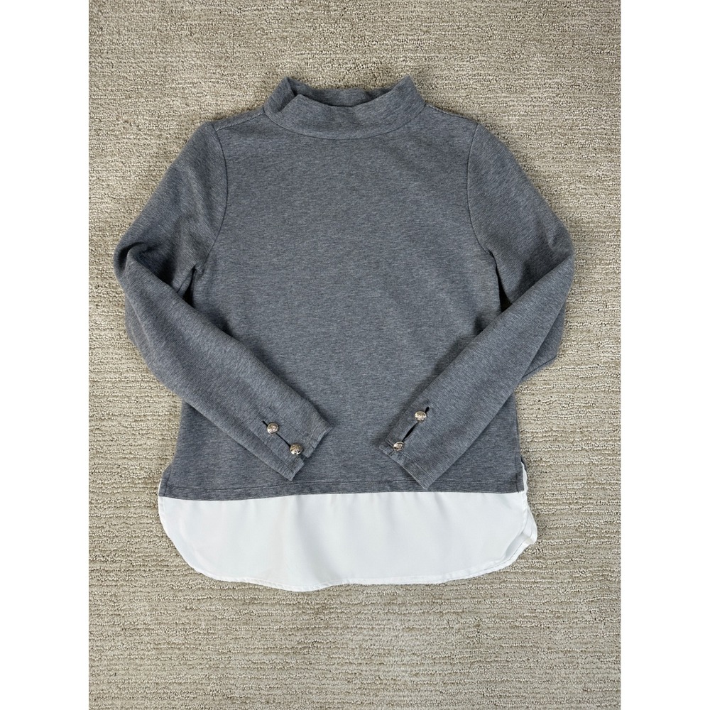 Ann Taylor Womens Small Grey Mock Neck Layered Look Top Gold Button Cuff S
